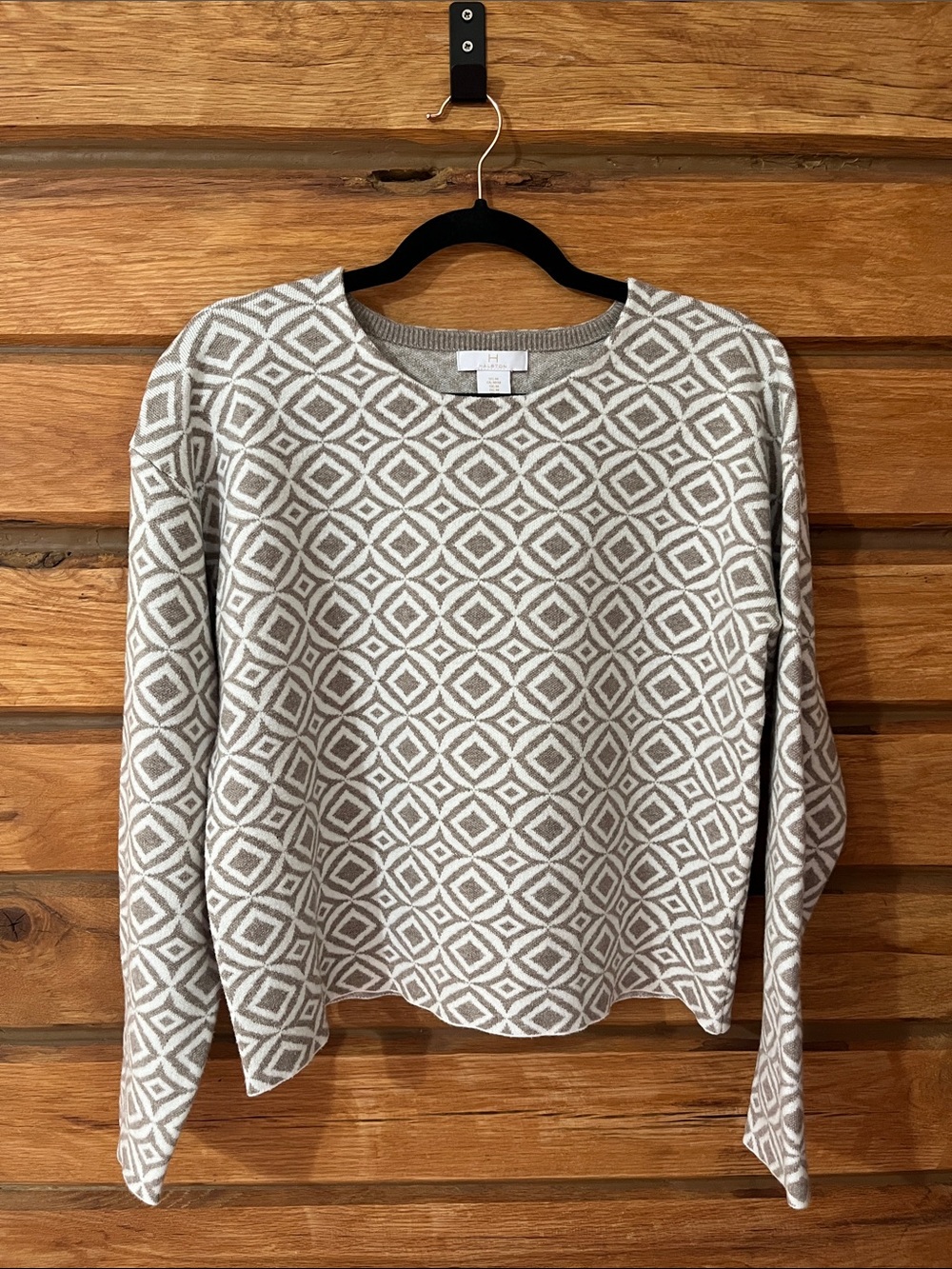 H by Halston Cream and Taupe Geometric Crewneck Sweater